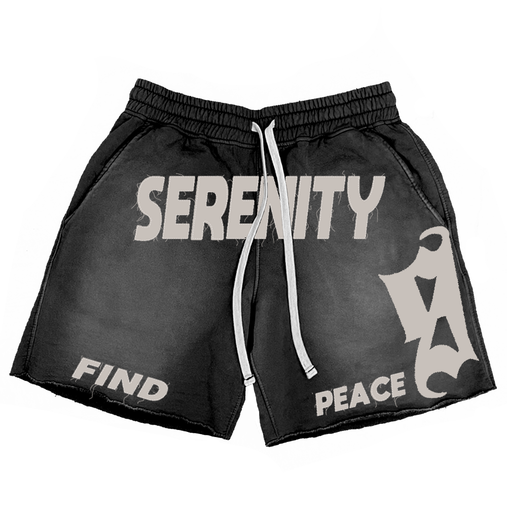 Distressed Serenity Find Peace Shorts - Black